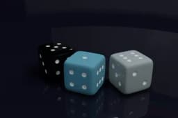 Three rendered dice on a dark reflective surface: black, teal and light grey, showing different pip counts