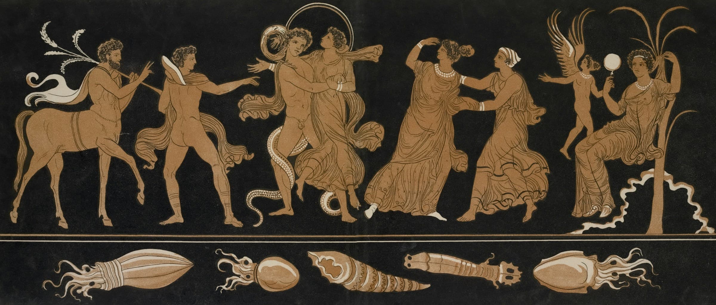 Frieze in the style of Greek vase painting: a centaur playing a lyre beside a young man, a dancing couple, two women and a winged figure